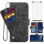 Asuwish Compatible with Samsung Galaxy S8 Wallet Case Tempered Glass Screen Protector Card Holder Stand Kickstand Leather Flip Cell Phone Cases for Glaxay S 8 Gaxaly 8S Edge SM-G950U Women Men Black