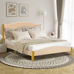 Giantex Queen Size Upholstered Bed Frame, Modern Platform Bed Base with Quilted Headboard, Mattress Foundation with Solid Wood Slat Support, No Box Spring Needed, Easy Assembly, Beige&Gold