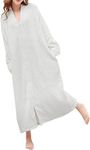 DSNOW Ladies Zip Fleece Waffle Long Dressing Gown Fluffy Towelling Bathrobe Sleepwear, Multicolour,Ivory White, L