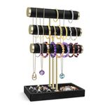 Flexzion 3 Tier Bracelet Holder Display Stand - Black Velvet Bracelet Holder Organizer with Detachable T Bar - Jewelry Display Stand for Bracelets, Bangles, Necklace, Watches, Rings