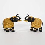 Lamcy Plaza Lamcy Plaza Rajasthani Elephant Showpiece | Decorative Items for Home | Elephant Idols with Trunk Up for Good Luck & Vastu Benefits | Gold & Black | Each Size L8 X W3 X H8 Inch | Set of 2