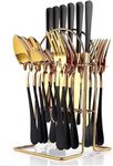 24 Piece Flatware Set,Stainless Steel Cutlery Set with Silverware Holder, Spoons, Forks, and Knives, Utensil Set Service for 6, Gold Mirror Polished and Matte Pink Painted (Black Gold)