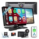 CAMECHO 4K Dash Cam Portable Car Stereo Wireless Apple CarPlay Android Auto Mirror Link，9.3" Touchscreen Carplay Screen with Bluetooth Voice Assistant GPS FM DVR+64G TF + Rear Camera