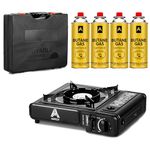 Aspect Camping Stove Portable With 4 Butane Gas Camp Kitchen Equipment Single Burner Outdoor/Indoor - Camping Stove with Automatic Ignition & Heat Control - Cooking Grill, Picnics, BBQ – Black
