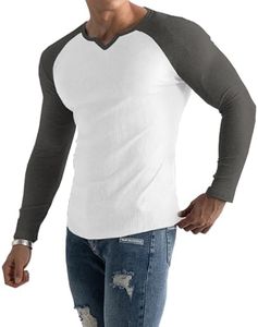 Muscle Cmdr Men’s Henley T-Shirt Long Sleeve V Neck Slim Fit Soft Stretch Casual Athletic Tee Medium Weight White&Grey XS