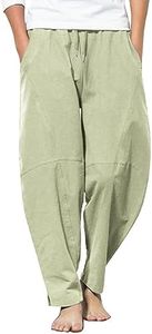 COOFANDY Men Drawstring Casual Loose Pant Stretchy Cotton Linen Harem Trousers Light Green M