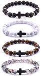 Softones 4PCS Cross Beads Bracelet for Men Women 8mm Healing Lava Stone Stretch Bracelets,7.5", 7.5 inch, Stainless Steel