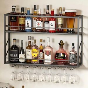 ZAOBAS Wall Mounted Wine Rack, Wine Rack Wall Mounted with Wine Glass Rack, 2-Tier Multi-Functional Shelf for Home Restaurant Bar Storage Rack (39.3”W x 7.8”D x 26”H)