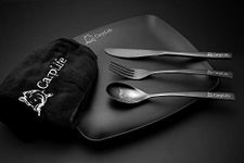 CarpLife Luxury Camping Dining Set - Fishing Plate Set for one - Carp Fishing Dinner Set - Fishing Plate and Cutlery Set - Microfibre Hand Towel - Black Fishing Cutlery