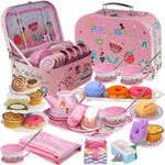 PRE-WORLD HABOTE Tea Party Set for Little Girls,Princess Tea Time Toy Including Dessert,Cookies,Doughnut,Teapot Tray Cake, Tablecloth & Carrying Case,Kids Kitchen Pretend Play for Girls Boys Age 3-6