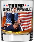 Unstoppable Trump Shot Whiskey Bourbon Glass - Made in America & Dishwasher Safe! Trump Survived Shot Assassination Attempt Survivor You Missed Trump Fight PA Trump Rally Fist Pump Maga Patriotic Gift