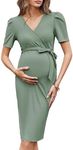 BZB 2024 Summer Maternity Knit Dress V Neck Puff Short Sleeve Ribbed Bodycon Midi Pregnancy Dresses for Photoshoot with Belt, Light Green, Small