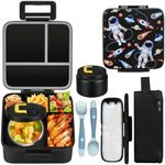 MAISON HUIS Kids Bento Lunch Box Set With 8oz Soup Thermo, Leakproof Lunch Containers with 5 Compartment, Thermo Hot Food Jar and Insulated Lunch Bag, BPA Free,Travel, School -Black (Astronaut)