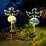 MIBUNG Solar Angel Cross Garden Stake Lights with 2 Artificial Flower Metal Garden Art for Patio Lawn Garden Decor Solar Outdoor Love Sign for Gravesites Memorial and Ideal Gifts for Loved Ones