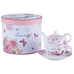 London Boutique Tea for One Teapot Cup suacer Set Vintage Flora Rose Lavender Porcelain Gift Box (Butterfly Rose)