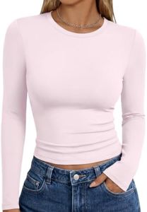 Trendy Queen Womens Long Sleeve Shirts Basic Crop Tops Tight Slim Fit Cute Teen Girls Fall Winter Y2k Clothes Light Pink L