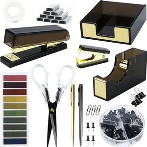 Desk Accessories Kit, Office Supplies Set with Acrylic Stapler, Tape Dispenser, Staple Remover, Staples, Clips, Sticky Note, Ballpoint Pen, Scissor, Transparent Tape, Sticky Note Holder (Black)