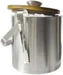 Lily's Home Double Wall Insulated Small Ice Bucket with Bamboo Lid - Stainless Steel Ice Holder with Tongs and Strainer, Ideal for Outdoor Kitchen, Tiki Bar & Cocktail Bar, Portable & Mini, 1.3 Liters