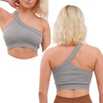 Super Eagle® Women's One Shoulder Sports Bra - Ribbed Seamless Crop Top Comfort Bra for Everyday Wear and Yoga Medium Support Light Grey