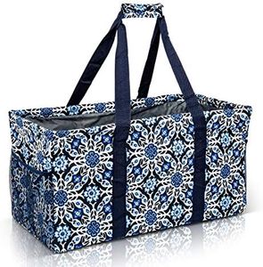 Lucazzi Extra Large Utility Tote Bag - Oversized Collapsible Reusable Wire Frame Rectangular Canvas Basket With Two Exterior Pockets For Beach, Pool, Laundry, Car Trunk, Storage - Blue Snowflake