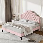 BTM Double Bed 135 * 190, Upholstered Bed with Slatted Frame and Height-adjustable Headboard, Velvet Bed