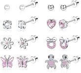 Kakonia 8 Pairs Hypoallergenic Screw Back Earrings for Girls Women 316L Stainless Steel CZ Pearl Heart Flower Turtle Butterfly Stud Earrings Jewelry Gift Women Girl