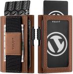 VULKIT Mens Minimalist Wallet for Max. 8 Cards with Pop-Up Credit Card Ejector RFID Blocking, ID Window and Elastic Strap for Bills or Keyring, Gift Box Packed, Brown