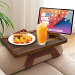 Sofa Arm Tray Table with Rotating Mobile Holder, Foldable Wooden Couch Arm Clip Table for Drinks, Snack, Remote and Laptop