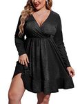 IN'VOLAND Plus Size Women's Satin V Neck Bishop Long Sleeve Wrap Belted Short A Line Dress Black 18Plus