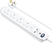 Masterplug Four Socket Switched Inline Power Surge Protected Extension Lead with Two USB Charging Ports, 1 Metre, Gloss White