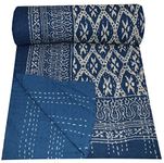 YUVANCRAFTS Indian Hand Block Blue Indigo Kantha Quilt Vintage Handmade Cotton Kantha Throw Twin Size Kantha Quilt Blanket Bedspread Single Size (Blue 3)