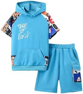 COZYEASE Boys' 2 Piece Outfits Letter Graphic Colorblock Short Sleeve Hooded T Shirt and Shorts Set Royal Blue 11-12Y