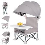 Baby Chair with Awning, Folding Baby Camping Chair with Detachable Dining Tray & Safety Strap, Portable High Chair for Travel Outdoor Indoor, Grey