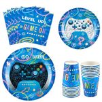 WERNNSAI Blue Video Game Party Paper Plates Cups Napkins - 64 PCS Gamer Birthday Party Decorations for Boys Gaming Night Tableware Set Disposable Dinner Dessert Plates Napkins Cups Serves 16 Guests