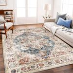 CHAMPLANT Beige Blue Washable Area Rug 8‘x10’ Boho Chic Medallion Distressed Design Non-Shedding Easy Care Ideal for High Traffic Areas in Living Room Bedroom Office Coffee Table Large Carpet