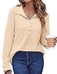 Hotouch Long Sleeve T Shirts for Women Dressy Blouses Tops Plain V Neck Fall Polyester Tee Shirts Fashion Basic Stylish T-Shirts (Beige M)