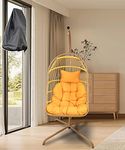 Indoor Outdoor Egg Chair with Stand and Oxford Cover 450lbs Capacity Folding Patio Wicker Hanging Swing Chair for Patio Bedroom Balcony (Yellow)