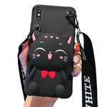 Coin Purse Case Compatible with iPhone 6 Plus / 6s Plus, Cute Pig Design with Zipper Back Cover Soft Silicone Shockproof Protective Case [Long Strap Rope ] (Cat Black, iPhone 6 Plus / 6s Plus)