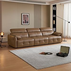 VASOENY 122" Genuine Leather Sectional Sofa with Drop-Down Cup Holder Console, Modern 3-Seater Modular Couch with Adjustable Headrests, Overstuffed Cushions for Living Room,Home Theater (Brown)