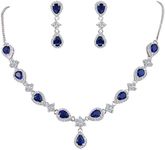 EleQueen Women's Silver-tone Cubic Zirconia Teardrop Flower Bridal V-Necklace Set Dangle Earrings Sapphire Color