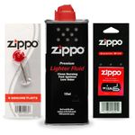 Zippo Lighter Fluid, Windproof, Fast Ignition, Low Odour Lighter Fluid, 1 x 125ml Fuel Refill, Easy to Fill Nozzle + 1 x Genuine Zippo Wick Fits All Zippo + 1 Pack of 6 Zippo Flints