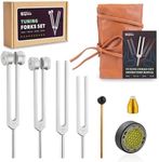 Hugbow Tuning Forks for Healing, Aluminum Alloy Tuning Fork 128Hz, 136.1Hz, 256Hz, 384Hz, Hockey Puck Activator & Gem feet, Weighted & Unweighted Tuning Fork Set with Vegan Leather Pouch