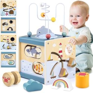 Airlab Cubo Actividades Bebe 1 Año Regalos, Juguetes Madera Montessori con Laberinto de Cuentas Clasificador de Formas Juegos Sensoriales Educativos para Niñas y Niños de 1 2 3 Años