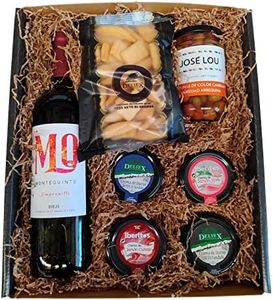 Estuche para regalo con vino tinto Rioja con pates de Iberitos, aceitunas Lou y cremas de quesos y colines Deliex delicias de Extremadura
