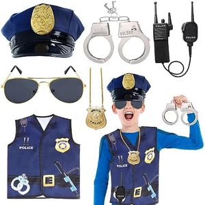 Keymall Kids Police Officer Costume Set 6 Pcs Including Cop Hat Vest Sunglasses Badge Walkie Talkie for Pretend Play Dress Up (Set D)