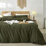 LIFETOWN 100% Washed Cotton Duvet Cover Set Linen Feel Natural Wrinkle Lightweight Comfy (Twin, Olive Green)