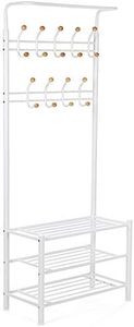 Songmics Portemanteau 2-en-1, Vestiaire, Chaussures, Rangement entrée, 68,8 x 35,2 x 187 cm, 18 Crochets, 3 étagères, pour Manteaux, Chapeaux, Sacs, en Acier, Blanc HSR04W