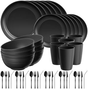 Quatish 48 Piece Plastic Plates and Bowls Sets for 6, Dinnerware Set Black