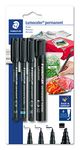 Staedtler Lumocolor permanent marker set, universal pen, line width S and M, laundry marker, chisel tip, waterproof on almost all surfaces, 4 permanent markers on blister card, 60 BK-6