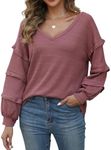 Cnlinkco Womens Off Shoulder Tops Cute Waffle Knit Ruffle Long Sleeve Boho Shirts Oversized V Neck Tunic Blouses Pink XXL